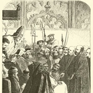 "At this the lord mayor, hanging down his head, said nothing;but the bishop told me I should preach at the stake"(engraving)