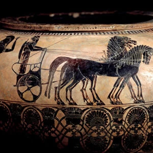 Attic dinos with black ceramic figures representing an aurige