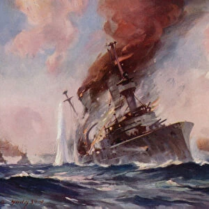 The Battle of the Falklands: the sinking of the Scharnhorst (colour litho)