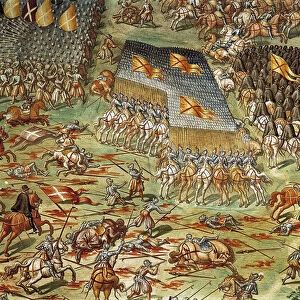 The Battle of St. Quentin (Saint Quentin), which saw the victory of the Spaniards over the French in 1557, during the Italian Wars, detail with cavalry attack, 1585 (fresco)