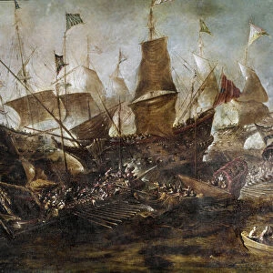 Battle between Venetian and Turkish fleets. 17th century (painting)