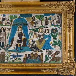 A bead and raised work panel depicting Esther and Ahasuerus