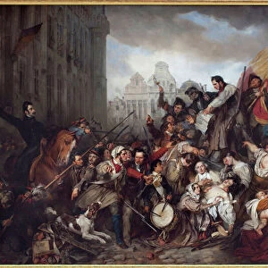 Belgian Revolution of 1830: episode of September 1830 on the square of the Brussels City Hall (Belgium). Painting by Gustaf Wappers (1803-1874), oil on canvas, 1835. Belgian art, 19th century. Royal Museum of Fine Arts of Belgium, Brussels