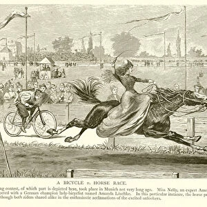 A bicycle vs horse race (engraving)