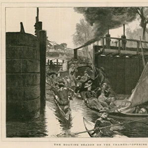 The boating season on the Thames - opening the lock (engraving)