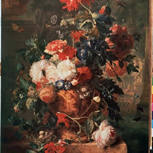 "Bouquet de fleurs"(Flowers) Sont aussi representes un nid avec des oeufs et des insectes (dont papillon, mouche, fourmi et coccinelle) Peinture de Jan van Huysums (1682-1749) 1722 Musee de l ermitage Saint Petersbourg