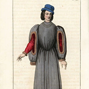 Bourgeois man, 14th century. He wears a blue hat, grey robe lined in cat fur, puff sleeves with arm holes, cracows or foals. By royal decree, ermine and squirrel fur were reserved to the nobility, leaving the bourgeoisie with cat fur