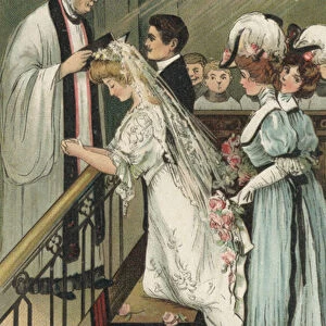 Bridesmaids at a wedding (colour litho)