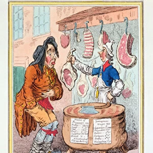 The British Butcher supplying John Bull with a substitute for bread, 1795 (colour litho)