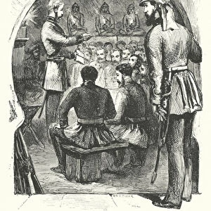 British General Sir Henry Havelock in a Burmese pagoda (engraving)