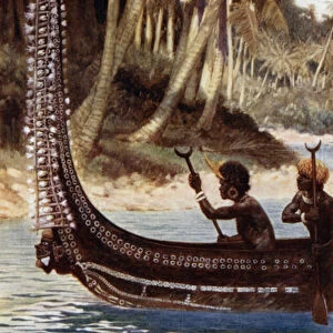 A Canoe showing the "Totoishu, "New Georgia, Solomon Islands (colour litho)