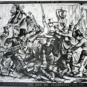 Cartoon depicting the riots in New York on St Patricks Day 1867, published in Harpers Weekly, April 6 1867 (wood engraving)