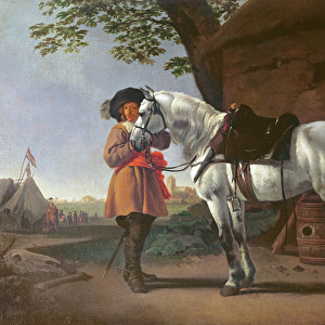 A Cavalier with a Grey Horse (oil on panel)