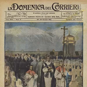 The ceremony of the blessing of the tombs in the Italian Military Cemetery in Amras... (colour litho)