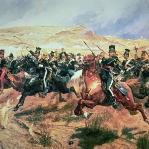 Charge of the Light Brigade, Balaclava, 25 October in 1854 (colour litho)