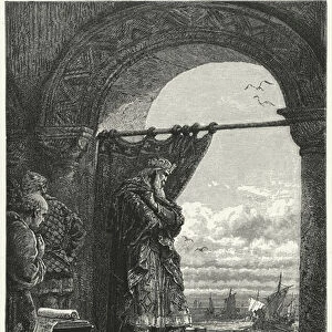 Charlemagne anxiously watching the approach of ships carrying Norman raiders (engraving)