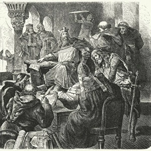 Charlemagne consulting with scholars and clergymen (engraving)
