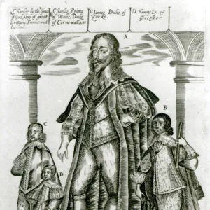 Charles I with his Children (engraving) (b / w photo)