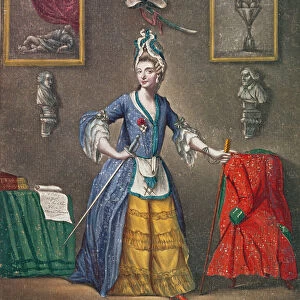 The Chevalier d Eon dressed as a woman and with the attributes of freemasonry