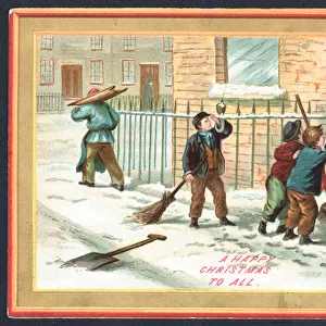 Children cleaning away snow and knocking on doors! Christmas Card (chromolitho)