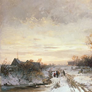 Children playing in a winter landscape (oil on canvas)