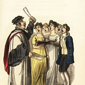 A choirmaster leading a choir in Georgian England. 1831 (engraving)