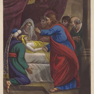 Christ restoring Jairuss daughter to life (colour litho)