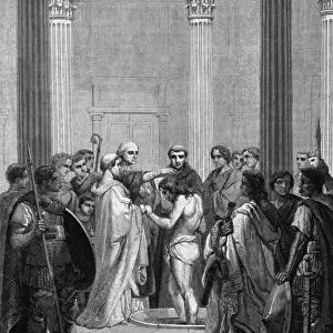 Christening of merovingian king Clovis 1st (466-511) by bishop remi of Reims (between 496 and 506), engraving after Karl Girardet (19thcentury)