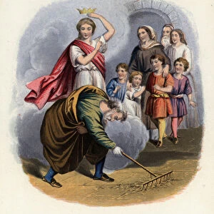 Christiana and the man with the muck-rake, an illustration from from The Pilgrims Progress by John Bunyan (colour litho)
