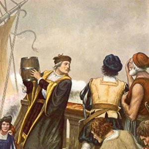 Columbus on the return from his first voyage throwing a barrel into the sea