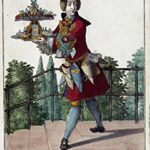 The confectioner: a young man holding a tray of candy and confectionery