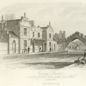 Conwy Station and the Gothic arch in the town wall, built 1847 (engraving)