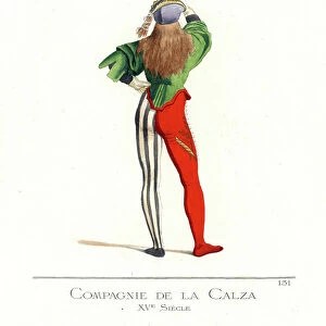 Costume of a member of the company della Calza, young Venetian noble, wearing the distinctive costume of a theatrical society, responsible for organizing parties and games in Venice (Italy) (show, carnival, boat race or naval battles in the canals)