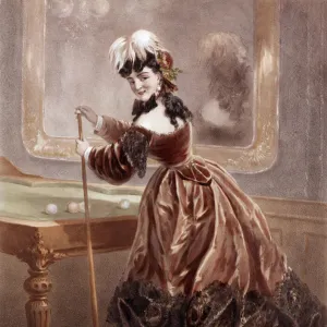 A courtesan at the time of the 2nd Empire playing billiards (colour engraving)