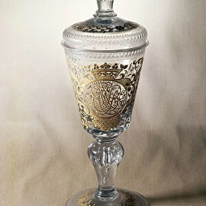 Covered goblet with gilded engraving on lid, bowl and foot