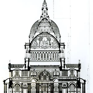 Cross section, looking east, of St. Pauls Cathedral (engraving) (b / w photo)