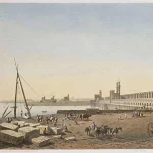 The Dam across the Nile, the building of the Aswan Dam, engraved by Philippe Benoist