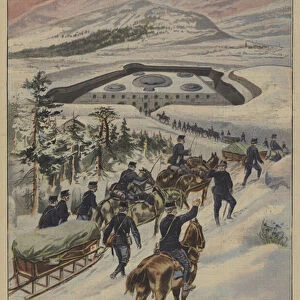 The defences of Switzerland: military supply convoy heading towards the forts of the Rhone Valley between Saint-Maurice and the Simplon Pass (colour litho)