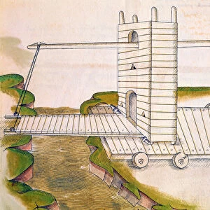 Design for a machine with drawbridge on wheels for use in warfare or sieges, illustration from De Machinis (pen and ink and w / c on paper)