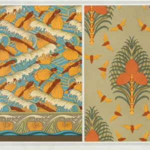 Designs for wallpaper "Flying Fish and Waves"and "Cicadas and Pine", and Border of Nautilus Shells, from L Animal dans la Decoration by Maurice Pillard Verneuil, pub. 1897 (colour lithograph)