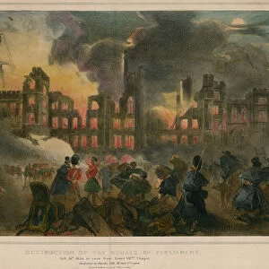 Destruction by fire of the Houses of Parliament on 16 October 1834, as seen from Henry VIIIs Chapel (coloured engraving)