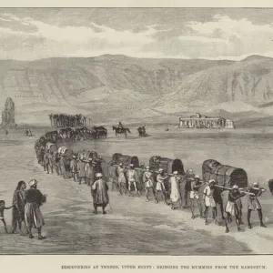 Discoveries at Thebes, Upper Egypt, bringing the Mummies from the Rameseum (engraving)