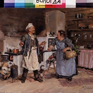 Dispute dans la cuisine (Quarrel in the Kitchen). Peinture de Vladimir Yegorovich Makovski (Makovsky, Makovskij) (1846-1920), huile sur toile, 1912. Art russe, debut 20e siecle. Regional Art Gallery, Vologda (Russie)