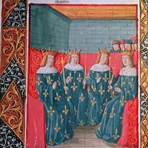 The division of the Frankish realm between the four sons of king Clovis I, miniature from the Chronicles of France, printed by A. Verard, Paris, 1492 (hand-coloured print)