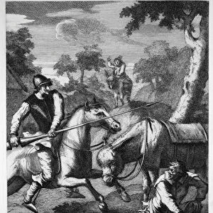 Don Luixote seizes the Baibeis Bason for Mambrinos Helmet (engraving)