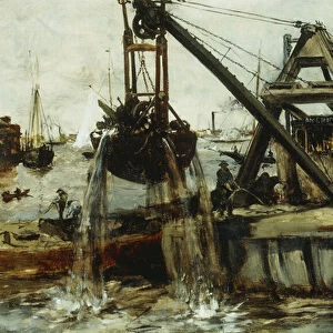 Dredging in the East River, (oil on canvas)