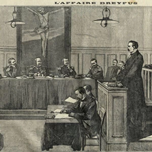 Dreyfus case in 1898: a hearing of the War Council: the trial of Commander Esterhazy. Engraving in "Le petit parisien"from 1898