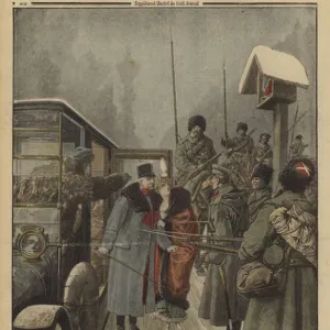 The driver of Austrian General Skarbonovitch delivering the general and his wife into the captivity of the Russians in revenge for being repeatedly beaten by him, World War I, 1916 (colour litho)