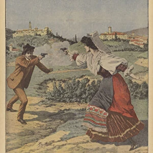 A duel between an engaged couple in Italy (colour litho)