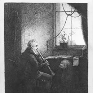 Duke Esterhazy Playing the Clarinet, 1809 (engraving) (b / w photo)